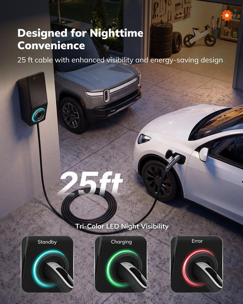 Top Shelf Level 2 Electric Charger 50 Amp 240V Nacs Plug Hardwired showing 25ft cable, car charging in garage with LED indicators.