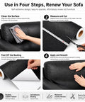 No Sweat Self Adhesive Vinyl Patch For Couches And Furniture, Huge Peel And Stick Leather Repair Kit instructional steps on sofa.