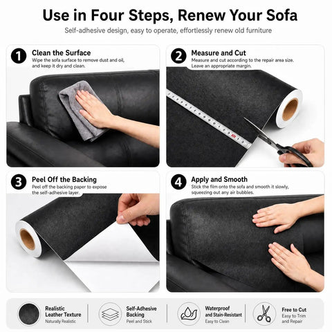 No Sweat Self Adhesive Vinyl Patch For Couches And Furniture, Huge Peel And Stick Leather Repair Kit instructional steps on sofa.