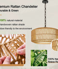 Five Light Hand Woven Rattan Chandelier With Totally Adjustable Drop From Nine To Fifty Two Inches And Soft Linen Shades For Kitchen Island Super Cozy Glow, showcasing handwoven rattan shade and natural materials.