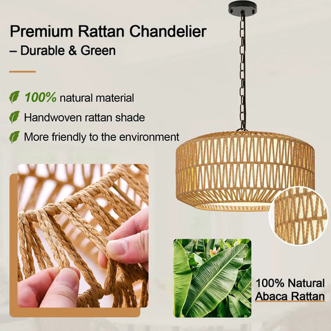 Five Light Hand Woven Rattan Chandelier With Totally Adjustable Drop From Nine To Fifty Two Inches And Soft Linen Shades For Kitchen Island Super Cozy Glow, showcasing handwoven rattan shade and natural materials.