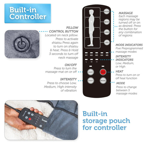 Full Body Massage Mat With Movable Neck Pillow Ten Vibrating Motors And Four Heating Pads From Neck To Feet For Deep Back And Leg Massage Perfect Home Spa Gift For Mom This Mother's Day, showing built-in controller and storage pouch.