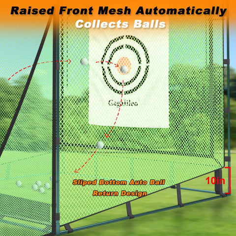 Heavy Duty 1 Inch Steel Frame Golf Driving Cage Net showing ball collection feature and auto return design with target backdrop.