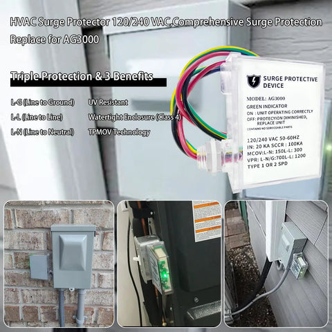 Whole House HVAC Surge Protector With TPMOV Tech, watertight enclosure, installed on exterior wall, lightning protection visible