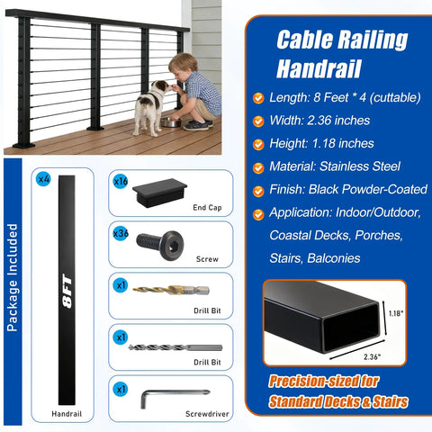 Premium 8ft Black Cable Railing Handrail Kit with Four Pieces of Heavy Duty 304 Stainless Steel mounted with end caps.