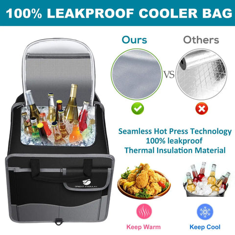 Trunk Organizer With Cooler For Cars showing open insulated section with drinks on ice, highlighting leakproof design.