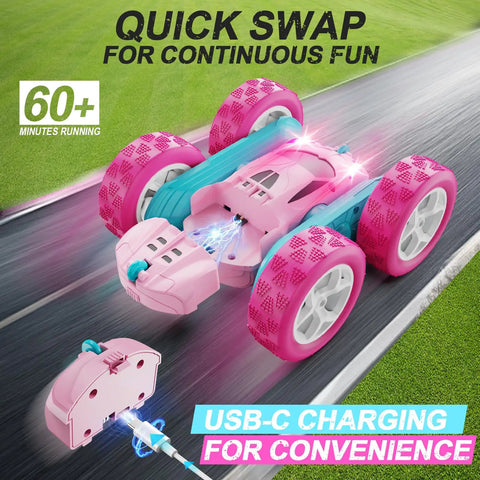 Pink Remote Control Car For Girls, 2.4GHz Dual Sided Stunt RC Car With 360 Degree Rotating Wheels And Headlights, USB-C charging.