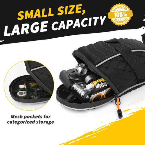 Under Seat Bike Bag For Mountain And Road Bikes With 3D Shell Design waterproof zippers showing storage with tools inside