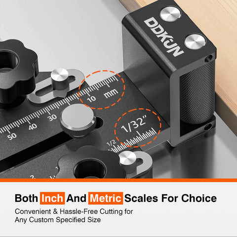 Thin Rip Jig For Table Saw With Dual Bearing Safety Rollers For Repetitive Narrow Strip Cuts Fits Three Eighths By Three Quarters Inch T Slot And One Quarter By Three Eighths Inch T Slot Works With Table Saw Band Saw And Router Table Delivers Smooth Feeds with inch and metric scales.