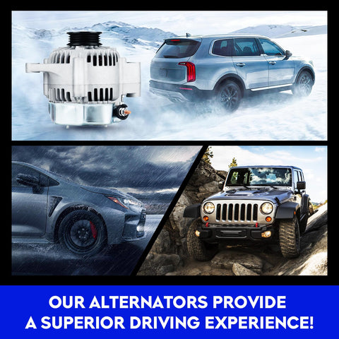 Image collage featuring a high output 80 amp 12V alternator and various vehicles, highlighting alternator's performance benefits.