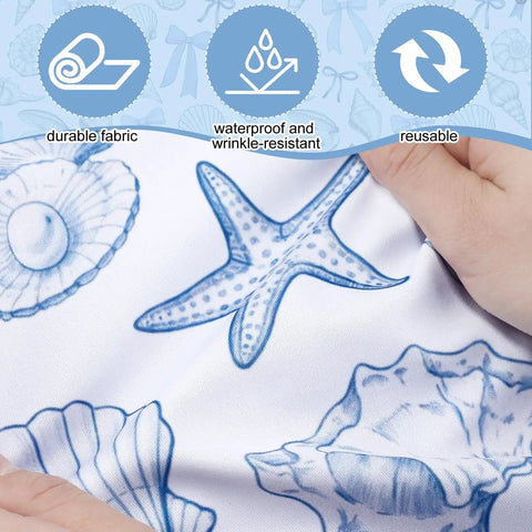 Close-up of 2 Pack Wet Bags Reusable Waterproof Wet Dry Bags for Travel, sea shell design, blue and white fabric