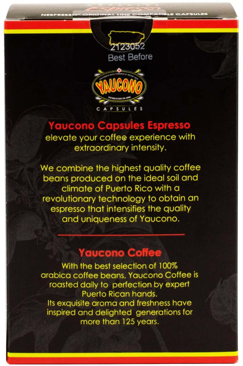 Yaucono Coffee box for Espresso Capsule Pods, Puerto Rico Coffee Intense Espresso Roast, 100% Arabica, Nespresso Machines compatible.
