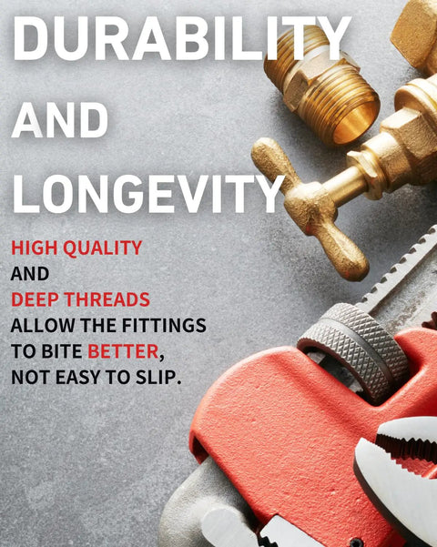 Durable brass fittings with wrench highlighting durability and longevity message