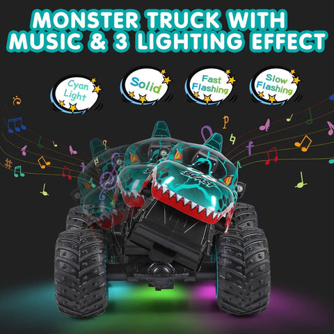 All Terrain Dinosaur Monster Truck RC Car with music and 3 lighting modes, showcasing its vibrant lights and musical notes.