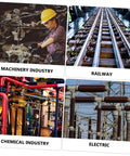 Collage showing machinery industry, railway tracks, chemical industry equipment, and electric power infrastructure.