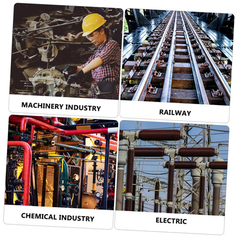 Collage showing machinery industry, railway tracks, chemical industry equipment, and electric power infrastructure.