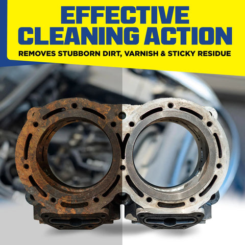 Durabasics 1-gallon ultrasonic cleaner solution; side-by-side rusty vs cleaned engine cylinder heads.
