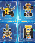 Diagram showing sizes of builds from Rad 4 In 1 Robotic Building Kit for Kids and Adults With Remote and App Control Rechargeable RC Bot STEM Coding Toys and Science Projects 588 Pieces Easy Assembly Great Birthday Gift for Ages 8 and Up, including WALL robot, Scorpion Crane, Engineering Grader, and Scout Tank.