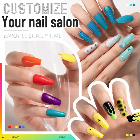 Colorful nail art designs showcasing Gel Polish Kit With Base And Top Gels 112 Piece Set Featuring 108 Vibrant Colors.