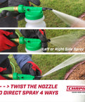 G390 Hose End Sprayer for Water Soluble Materials, showing nozzle adjustment for four spray directions in a garden setting.
