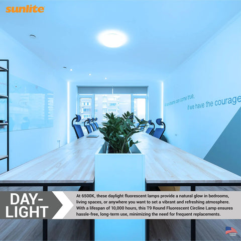 Office space lit by T9 Round Fluorescent Circline Lamp 32W 1750 Lumens 6500K Daylight No Fuss RoHS Compliant G10Q 4Pin Base