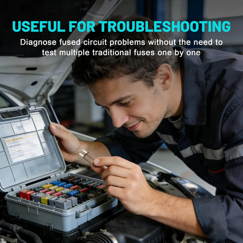 No Fuss Road Ready ATM Manual Reset Fuse Kit With Low Profile Mini Blade displayed in car hood for troubleshooting fuses.