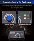 Flux Core MIG Welder Kit for Beginners showing synergic control dial and safety indicator lights