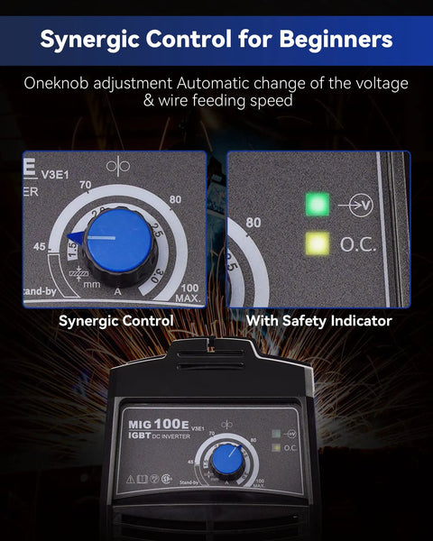 Flux Core MIG Welder Kit for Beginners showing synergic control dial and safety indicator lights