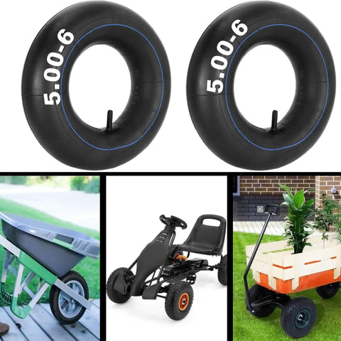 Two Pack Heavy Duty 13x5.00-6 Inner Tubes With TR13 Straight Valve alongside wheelbarrow, go-kart, and garden cart examples