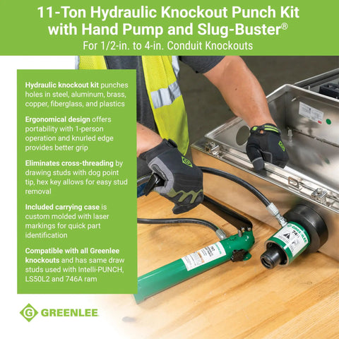 Person using 11 Ton Hydraulic Knockout Punch Kit with Hand Pump and Ram, from half inch to four inch slug buster punches on toolbox.