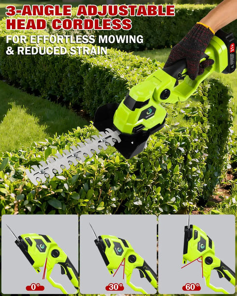 2 In 1 Grass Shear And Hedge Trimmer Cordless With Dual Action Blades trimming hedge, adjustable cordless tool with dual blades.