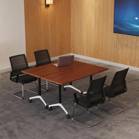 Flip Top Mobile Desk With Lockable Casters And Portable Folding Workstation For Home Office Or Classroom Use, wooden top, four black chairs.