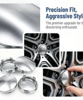 Crank Up Your Ride With These Sweet 4 Pack Silver Wheel Center Caps That Snap Right On Cars Trucks Or Suv With A Rock Solid Grip 60Mm Size And Built Different Materials To Keep Your Setup Looking Clean All Season Long. Close-up of shiny silver wheel center caps, showcasing fit and design.