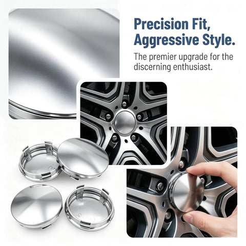 Crank Up Your Ride With These Sweet 4 Pack Silver Wheel Center Caps That Snap Right On Cars Trucks Or Suv With A Rock Solid Grip 60Mm Size And Built Different Materials To Keep Your Setup Looking Clean All Season Long. Close-up of shiny silver wheel center caps, showcasing fit and design.