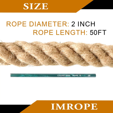 Natural 2 Inch By 50 Ft Jute Rope, Twisted 4 Strands For Arts And Crafts, close-up of rope texture and measuring pencil