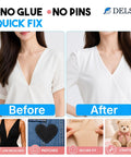Before and after comparison of no glue, no pins quick fix clothing support with a model wearing a white top.