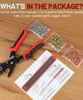 2 In 1 Leather Hole Punch And Eyelet Setter Tool with ruler, needle, and eyelets in gold, copper, silver