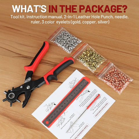 2 In 1 Leather Hole Punch And Eyelet Setter Tool with ruler, needle, and eyelets in gold, copper, silver