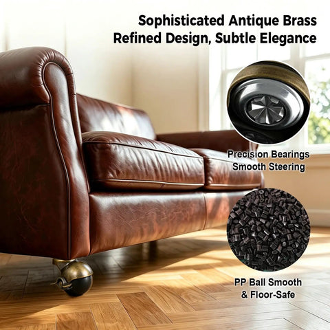 Rock Solid 2 Inch Ball Caster Wheels With Locking Brakes Heavy Duty Steel And Brass Finish Swivel Casters For Ottoman Cabinet Coffee Table Smooth As Silk Glide 4 Pack on a leather sofa.