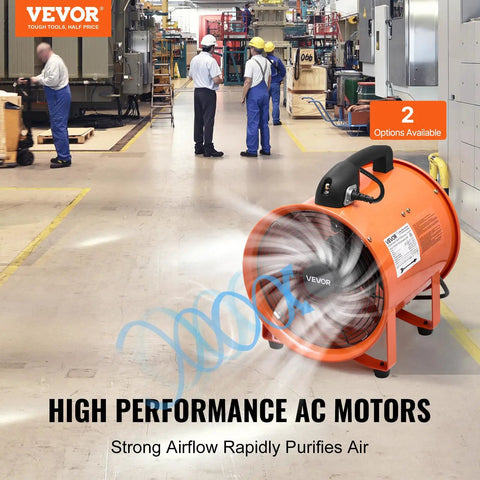 Beefy Portable Industrial Air Mover With Flexible Ducting And 10 Inch Blower in warehouse setting