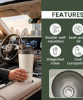 Dual Insulated Stainless Steel Protein Shaker Bottle With Separate Dry Storage Compartment And Built In Mixing Whisk 15 Oz Gym Cup in car cup holder.