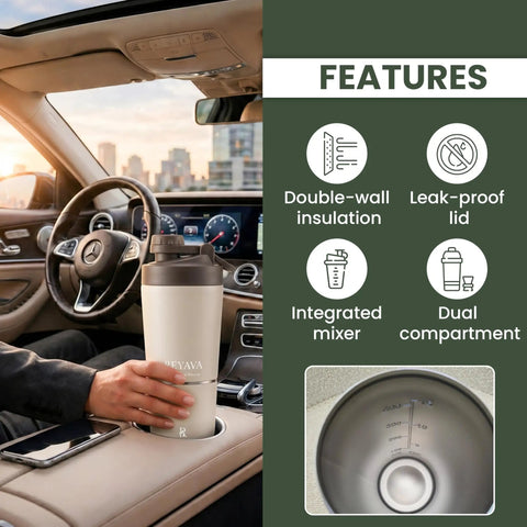 Dual Insulated Stainless Steel Protein Shaker Bottle With Separate Dry Storage Compartment And Built In Mixing Whisk 15 Oz Gym Cup in car cup holder.