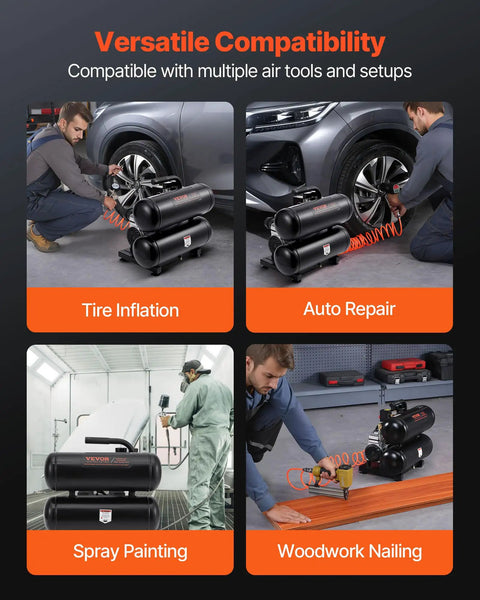 Heavy Duty Oil Free Air Compressor 4.6 Gallon Steel Tank 1 HP 120 Psi Max Ultra Quiet Portable Workhorse for tire inflation and auto repair.