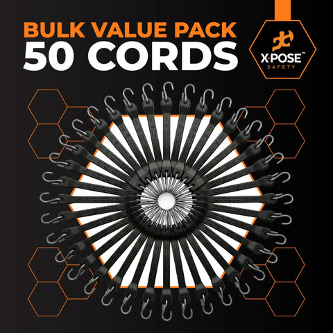 Heavy-Duty Rubber Bungee Cords With Hooks Pack Of 50, 21 Inch Length, 32 Inch Max Stretch, Black Tie Down Straps displayed