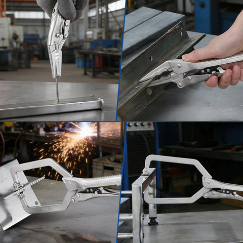 Self Adjusting Locking Pliers Set Knobs Free Squeeze And Go Grip Heavy Duty C Clamp Vise Tool in use on metal surfaces.