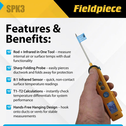 Fieldpiece SPK3 Pocket Type K Thermometer With Infrared Capability Dual Readings For In Duct And Surface Checks Folding Probe open
