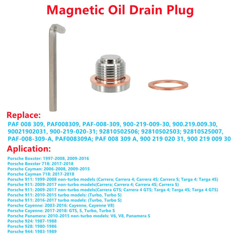 Magnetic Stainless Steel Oil Drain Plug For Porsche 911 986 996 997 Boxster Cayman with Allen key, crush washer, and rubber seal