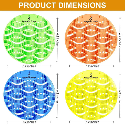 Fresh Scent Urinal Screen Deodorizer With Easy Fit Design For Odor Busting In Restrooms, shown in green, orange, blue, yellow