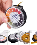 Universal PH Test Paper Strips Roll Kit With Full Range 0 To 14, 16.4 Ft per Roll, displaying color chart and litmus strip.