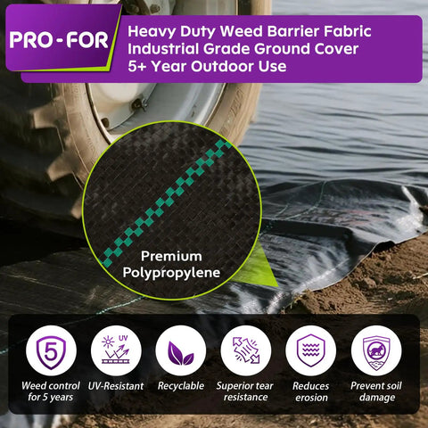 Heavy Duty Weed Barrier Fabric 3 Ft By 50 Ft Woven Ground Cover installed under tire for gardening farming and driveways